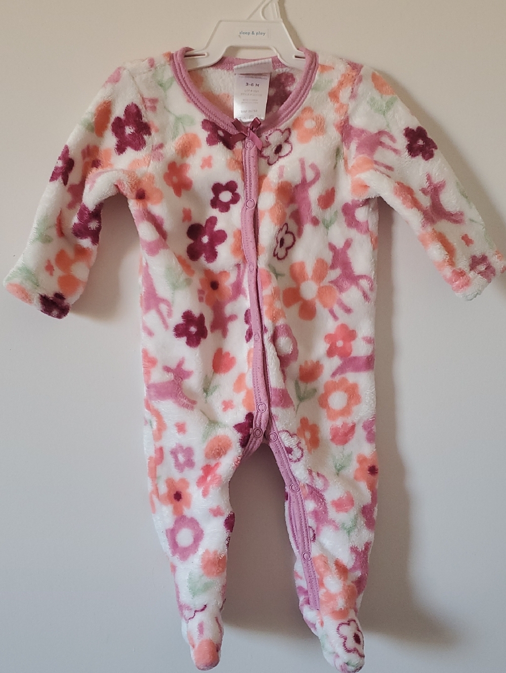 Pink Floral And Deer Print Fleece Baby Girl Button Footed Sleeper Size 3-6 Month
